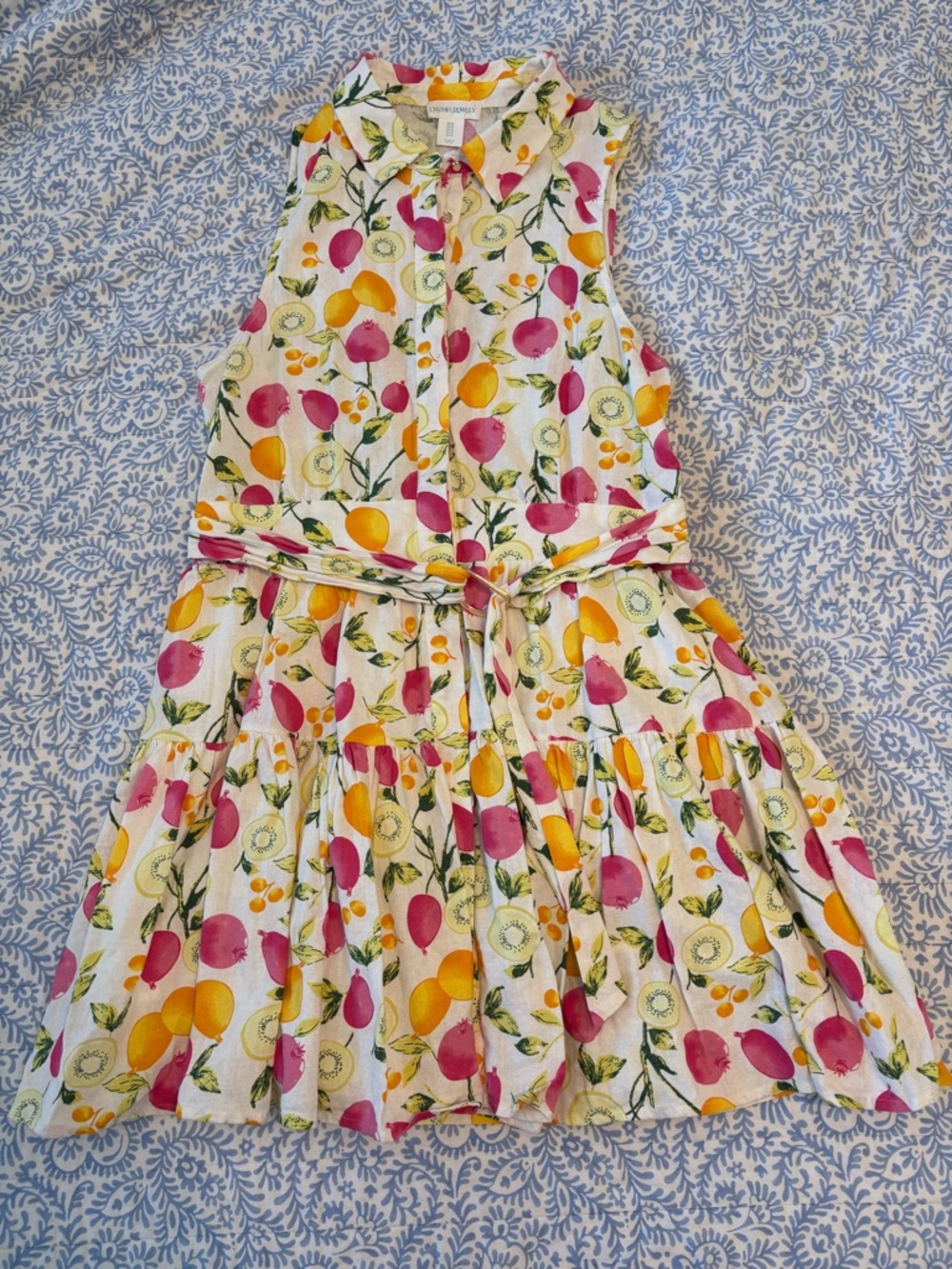 Cynthia Rowley Sleeveless Fruit Print Shirt Dress in Yellow & Pink